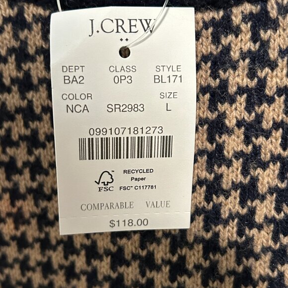 NWT J. CREW Sz L Lamb Wool Houndstooth Crewneck Brown /Navy Blue Preppy Sweater - Picture 6 of 7
